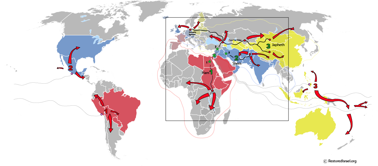 The three transplanted branches of the mother tree (groups from mother israel) are taken to North America, South America and Oceania. During the Israeli diaspora period of 600 BC to 450 BC.