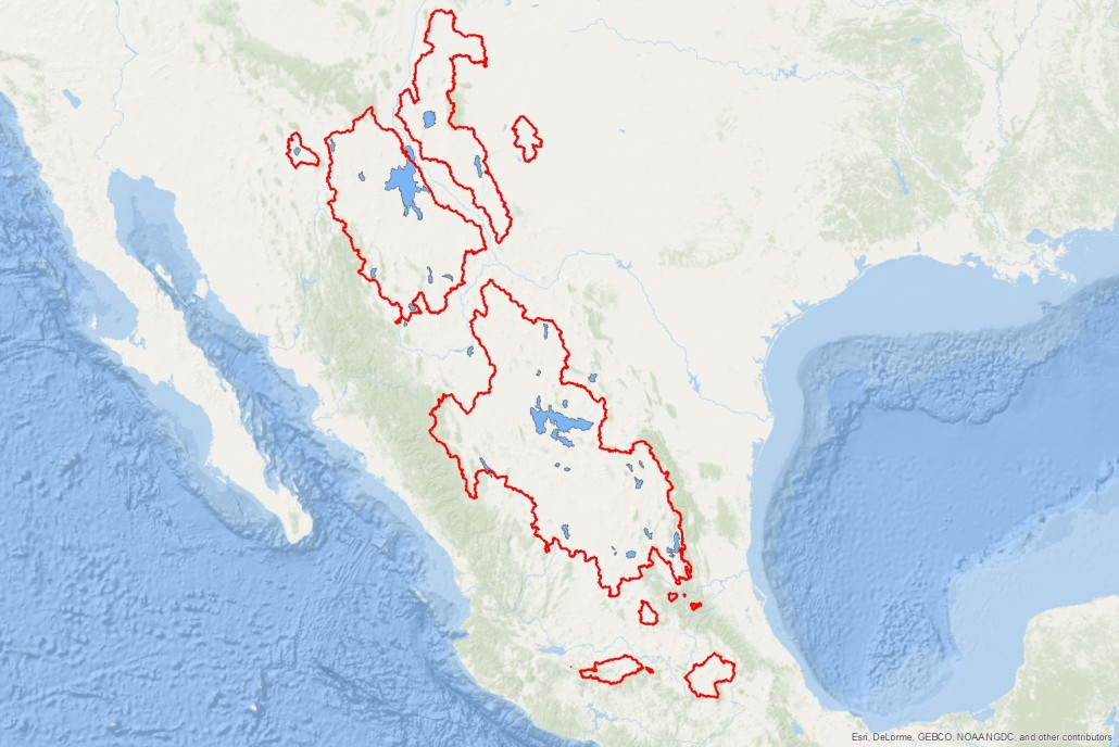 Mexico's huge closed basins (endorheic basins). These large desert regions have no outlet to the sea, and drain internally into large ephemeral lakes and desert playas.
