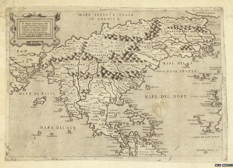 This map from 1566 is one of the oldest printed maps of North America. Created by Paolo Forlani, the first edition was published in 1565. This second edition was published by Venetian Bolognino Zaltieri after Forlani sold the plate to him. This is one of the first maps to show the Bering Strait - here called the Strait of Anian. It was an educated guess, as it was not discovered until 1648. The map was bought by the Bartholomew family, who collected antique maps