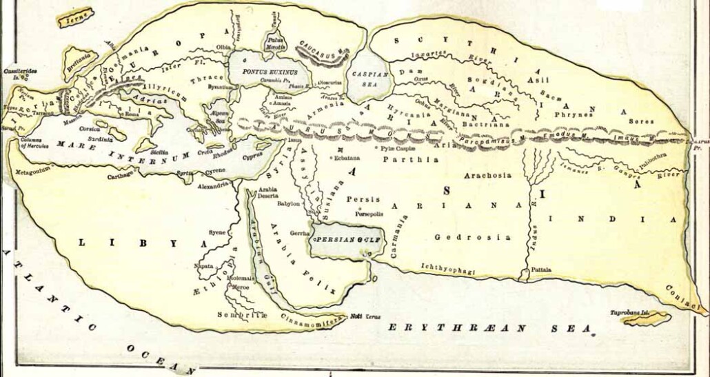 Map of Ariana based on Eratosthenes' data (195 BC) in Strabo's Geography ( 63 BC – c. 24 AD)